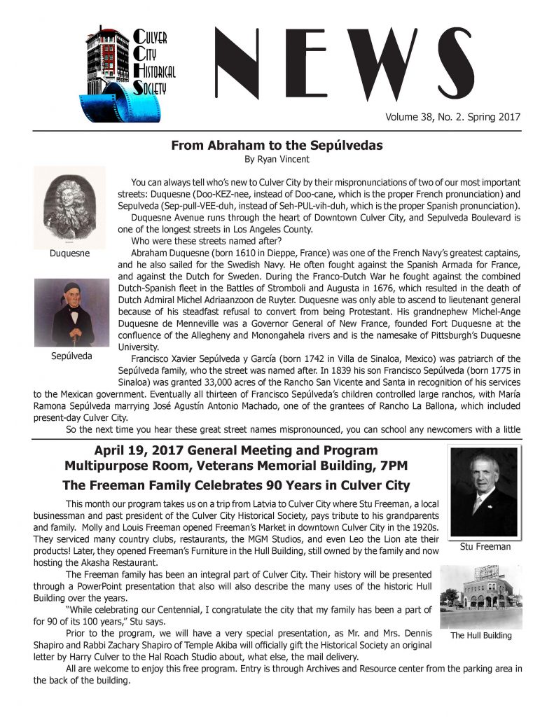 Newsletters Culver City Historical Society