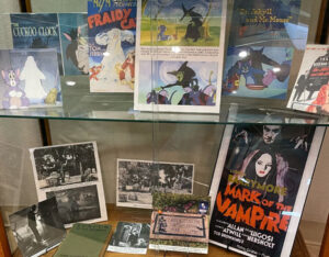 CCHS Exhibit October 2025 Spooky Themed History Close up of two shelves