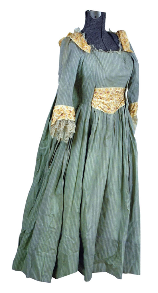Front view of an unknown MGM costume, cotton green & white striped gingham full-length dress