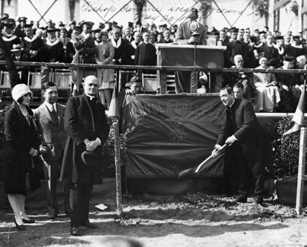 Lillian and Harry Culver, Archbishop Edward Hanna and Bishop John Cantwell at the groundbreaking ceremony for Loyola University of Los Angeles campus in 1928