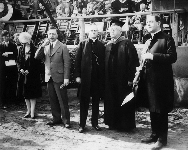 Lillian a nd Harry Culver, Archbishop Edward Hanna and Bishop John Cantwell attend the groundbreaking ceremony for the new Loyola University of Los Angeles campus, May 20, 1928.
