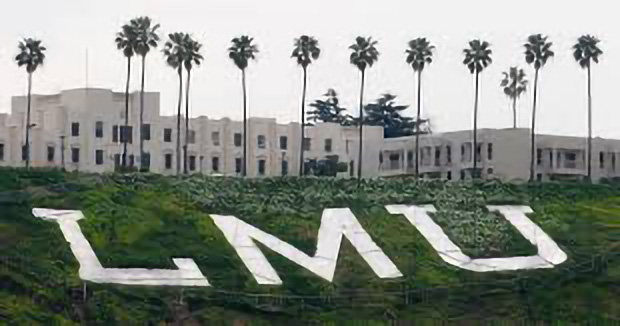 The 50’ tall LMU letters on the Del Rey bluff facing Playa Vista.