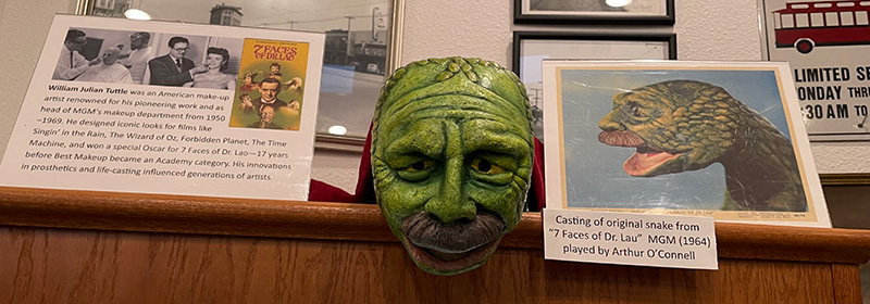 Actual casting of the Snake from “7 Faces of Dr. Lau”, MGM 1964 played by Arthur O’Connell. William Tuttle received a special Oscar for “7 Faces of Dr. Lau” 17 years before “Best Make Up” became an Academy category.